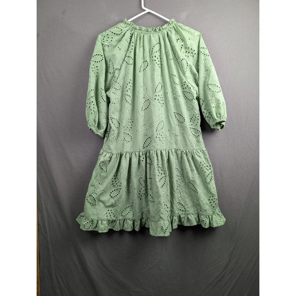 Seni & Cade Green Eyelet Lace Mini Dress Medium Sage Ruffle Tie Neck